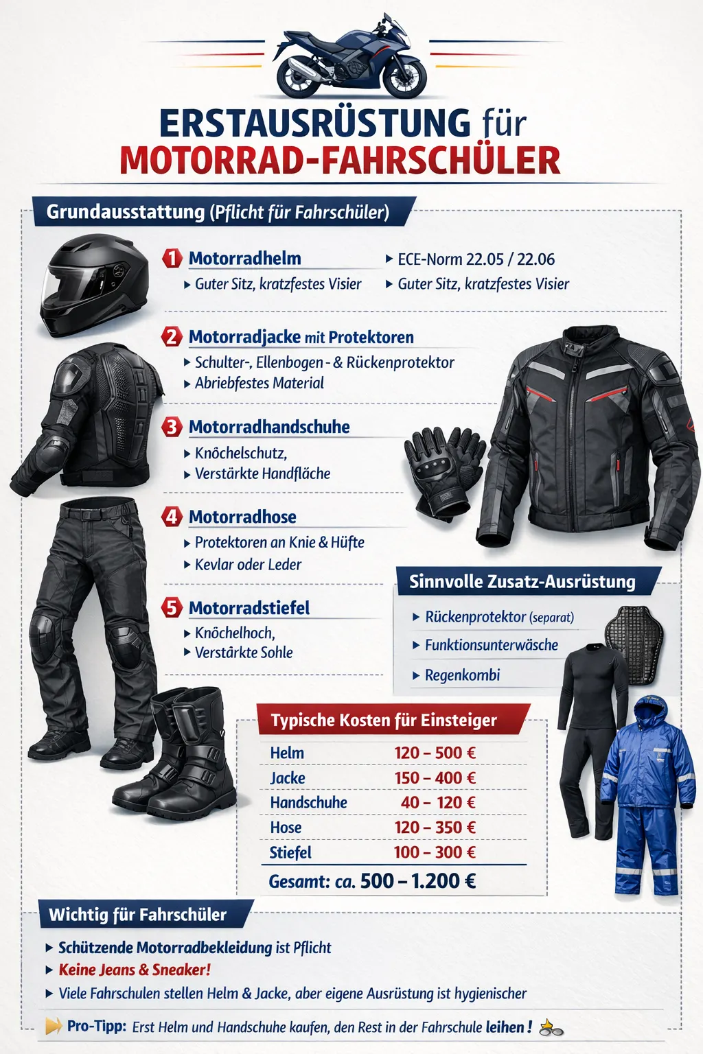 Infografik: Erstausr\u00FCstung f\u00FCr Motorrad-Fahrsch\u00FCler \u2013 Pflichtteile, Zusatz-Ausr\u00FCstung und typische Kosten