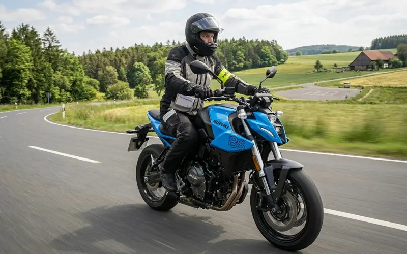 Probefahrt mit dem Motorrad auf einer Landstraße