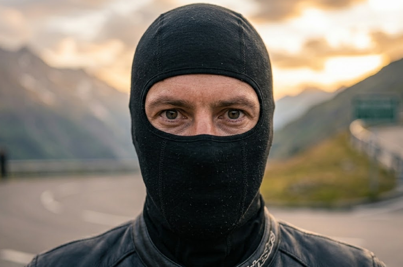 Nahaufnahme einer Sturmhaube unter dem Motorradhelm